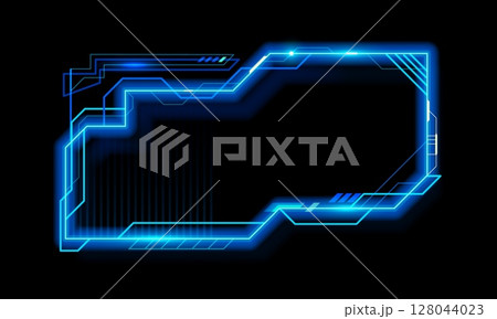 HUD game neon frame for asset or interface overlay template, vector UI element. Neon frame of digital screen dashboard control and callout message box for HUD game GUI asset or future tech interface 128044023