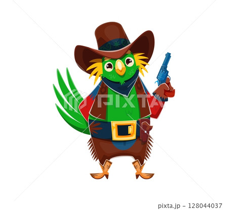 Cartoon parrot cowboy or bird bandit character and Wild West robber, vector Western sheriff. Funny parrot ranger in cowboy hat with revolver gun and boots for Wild West cartoon animal character Cartoon parrot cowboy or bird bandit character and Wild West robber, vector Western sheriff. Funny parrot ranger in cowboy hat with revolver gun and boots for Wild West cartoon animal character 128044037