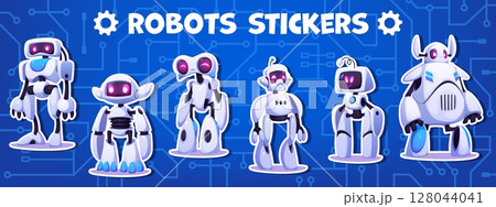 Stickers pack of cartoon futuristic robot and droid characters, vector cyber bots. Cartoon toy cyborgs or robotic droids and alien animal bots with face display for funny futuristic robot characters 128044041