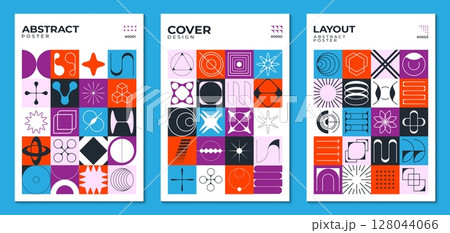 Abstract geometric swiss posters with y2k brutal shapes and patterns shows modern aesthetics and retro futuristic art. Vector covers or layout templates with surreal figures in colorful square blocks Abstract geometric swiss posters with y2k brutal shapes and patterns shows modern aesthetics and retro futuristic art. Vector covers or layout templates with surreal figures in colorful square blocks 128044066