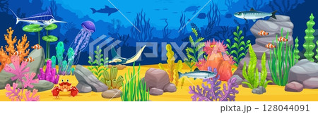 Underwater landscape for game background with manta ray, marlin and fishes, cartoon vector. Jellyfish and mackerel with stingray and trout or funny crab in underwater landscape of coral reef seaweeds Underwater landscape for game background with manta ray, marlin and fishes, cartoon vector. Jellyfish and mackerel with stingray and trout or funny crab in underwater landscape of coral reef seaweeds 128044091