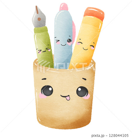 Kawaii Watercolor Pencil Cup Clipart with Smiling Cute Pens and Markers Back to School Art Supplies Illustration for Kids, Crafts, Classrooms, Planners, and Scrapbooking Kawaii Watercolor Pencil Cup Clipart with Smiling Cute Pens and Markers Back to School Art Supplies Illustration for Kids, Crafts, Classrooms, Planners, and Scrapbooking 128044105