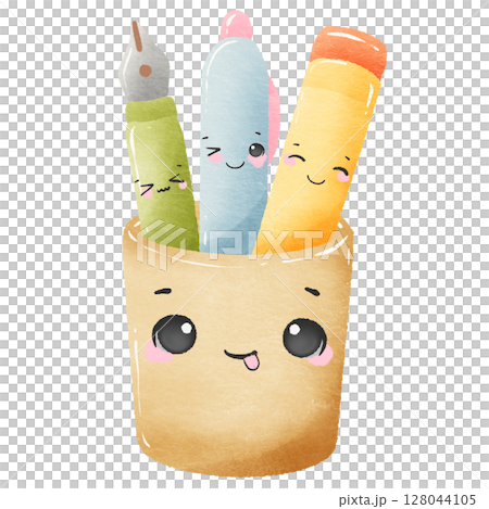 Kawaii Watercolor Pencil Cup Clipart with Smiling Cute Pens and Markers Back to School Art Supplies Illustration for Kids, Crafts, Classrooms, Planners, and Scrapbooking Kawaii Watercolor Pencil Cup Clipart with Smiling Cute Pens and Markers Back to School Art Supplies Illustration for Kids, Crafts, Classrooms, Planners, and Scrapbooking 128044105
