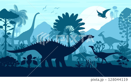 Dinosaur silhouettes at prehistoric landscape of Jurassic tropical jungle, vector background. Dinosaur silhouettes in prehistoric era forest, giant lizard reptiles with pterodactyls for paleontology 128044119