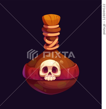 Cartoon pirate icon of poison bottle with skull for magic potion, vector magic potion. Jar of poison drink bottle and deadly tincture or toxic drink jug with cork and dead skeleton skull sign 128044122