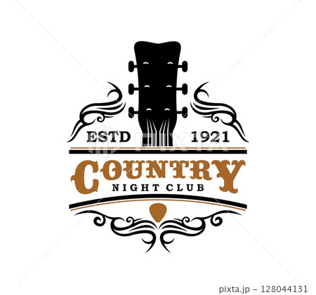 Country music night club icon with guitar pick for saloon bar, vector emblem. Country music sign for American saloon and recording studio label, Western nightclub concert or musical band emblem 128044131