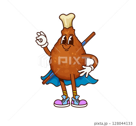 Cartoon groovy chicken drumstick fast food character wearing superhero cape and holding katana on back. Vector funky bbq fastfood meat personage with funny smiling face, sneakers and y2k vintage vibe 128044133