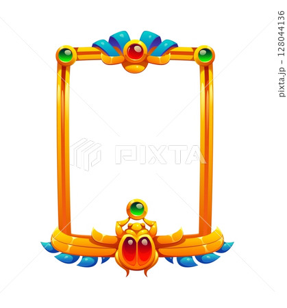 Cartoon Egyptian gold frame with scarab and gemstones, ancient Egypt game icon asset, vintage gui symbols and treasure, historical fantasy interface border inspired by Egyptian art and mythology 128044136