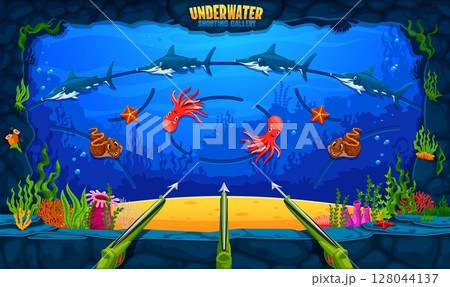 Underwater hunting carnival shoot game amusement park shooting range gallery with cartoon octopuses, hammerhead sharks, starfish, moray eels marine animals, seaweed and harpoon guns, vector Fun arcade Underwater hunting carnival shoot game amusement park shooting range gallery with cartoon octopuses, hammerhead sharks, starfish, moray eels marine animals, seaweed and harpoon guns, vector Fun arcade 128044137