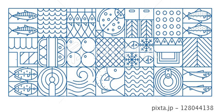 Seafood and fish geometric pattern in modern line mosaic shapes, vector background. Seafood and fish food pattern in blue thin line geometric shapes of salmon and tuna, flounder and mackerel caviar 128044138