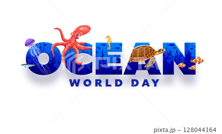 World oceans day 3d banner. Vector typography with underwater marine life and animals such as seahorse, octopus, sea turtle, jellyfish, clownfish shoal and coral reef silhouette within bold letters 128044164