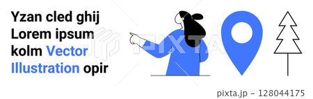 Person pointing right, oversized blue location pin, outlined tree icon, placeholder text in left section in black and blue. Ideal for navigation apps, maps, journey planning, travel guides, user 128044175