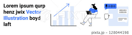 Graph, woman with laptop, coding symbols, speech bubbles. Ideal for digital marketing, content creation, analytics, tech tutorials, online learning, business strategy, modern design. Landing page Graph, woman with laptop, coding symbols, speech bubbles. Ideal for digital marketing, content creation, analytics, tech tutorials, online learning, business strategy, modern design. Landing page 128044198