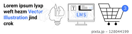 Light bulb with arrows, computer screen displaying LMS content, shopping cart with notification badge. Ideal for education, e-learning, content creation, online courses, innovation, shopping Light bulb with arrows, computer screen displaying LMS content, shopping cart with notification badge. Ideal for education, e-learning, content creation, online courses, innovation, shopping 128044199