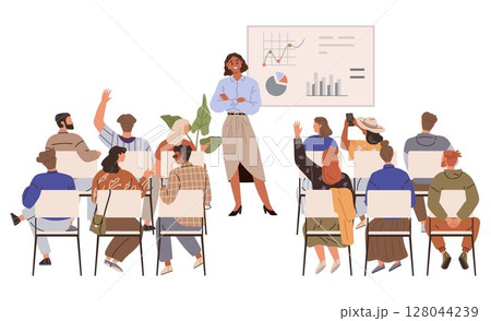 A woman stands in front of a whiteboard displaying charts and data as she presents to an attentive group, some raising hands with questions. Ideal for teamwork, business meetings, professional 128044239