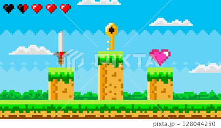 Retro-style pixel art scene with a floating sword, key, and heart on green platforms against a blue sky with white clouds. Ideal for vintage gaming, adventure stories, nostalgic themes, game design Retro-style pixel art scene with a floating sword, key, and heart on green platforms against a blue sky with white clouds. Ideal for vintage gaming, adventure stories, nostalgic themes, game design 128044250