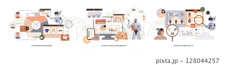 Various elements such as robots, charts, and magnifying glass, representing AI-powered process automation, data-driven management, and customer insight analysis. Ideal for business innovation 128044257