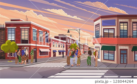 People are gathered on a charming street corner with red brick buildings under a twilight sky. Others walk down the sidewalk while a couple talks near a tree. Ideal for community, social interaction People are gathered on a charming street corner with red brick buildings under a twilight sky. Others walk down the sidewalk while a couple talks near a tree. Ideal for community, social interaction 128044264