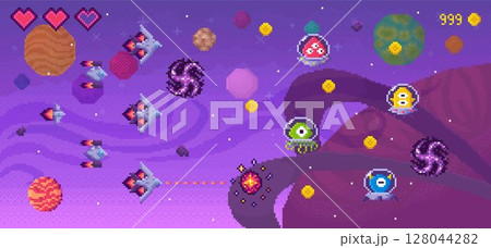 Bright, retro-styled outer space scene with spaceships firing at aliens among planets and stars. Shows score and lives. Ideal for video games, sci-fi themes, retro art, space adventures, and pixel 128044282