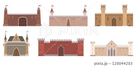 Variety of castles with distinct architectural styles and colours. Ideal for historical studies educational purposes architectural design medieval themes and fantasy stories. Simple clean style 128044283