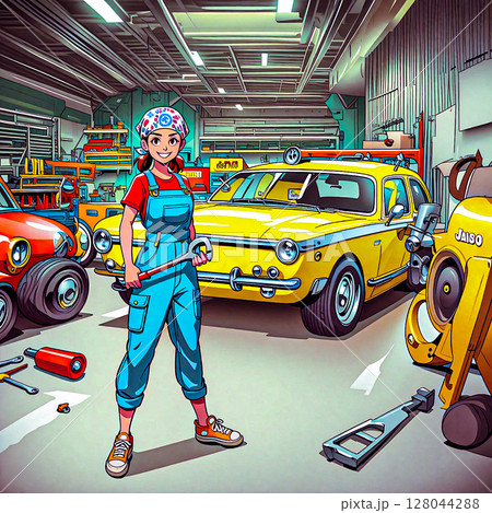 Young lady auto mechanic. A young girl in blue overalls, a red shirt, and sneakers holding a wrench stands smiling in an auto repair shop with a patterned bandana on her head. Young lady auto mechanic. A young girl in blue overalls, a red shirt, and sneakers holding a wrench stands smiling in an auto repair shop with a patterned bandana on her head. 128044288