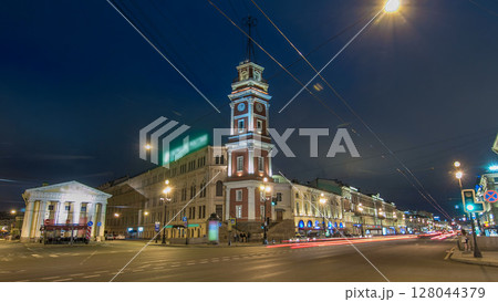 Night view to the City Duma tower at Nevsky avenue timelapse hyperlapse. ST. PETERSBURG, RUSSIA 128044379