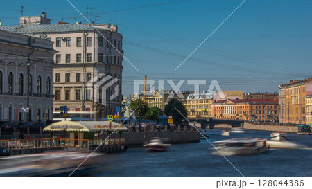 Embankment of Fontanka River timelapse hyperlapse, view from the Anichkov bridge, Saint-Petersburg, Russia 128044386