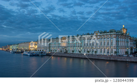 The winter Palace day to night timelapse and pier on the Palace embankment in summer in Saint-Petersburg 128044399