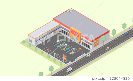 アイソメトリック図法で描いたカー用品店のイメージ(緑地) アイソメトリック図法で描いたカー用品店のイメージ(緑地) 128044530