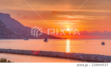 Sunrise view of sea and landscape timelapse from Beaulieu sur mer, France. Sunrise view of sea and landscape timelapse from Beaulieu sur mer, France. 128044537