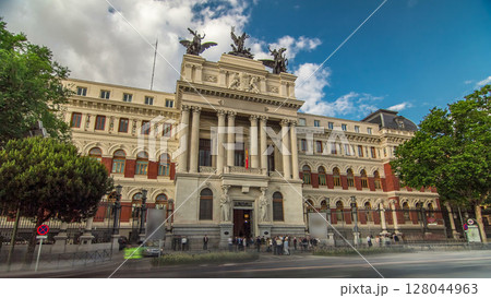 Government palace facade the Ministry of Agriculture building timelapse hyperlapse in Madrid, Spain. 128044963