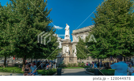 Monument to Leonardo da Vinci in Piazza della Scala meaning La Scala square timelapse hyperlapse in Milan, Italy Monument to Leonardo da Vinci in Piazza della Scala meaning La Scala square timelapse hyperlapse in Milan, Italy 128044978
