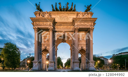 Arch of Peace in Simplon Square day to night timelapse. It is a neoclassical triumph arch 128044992