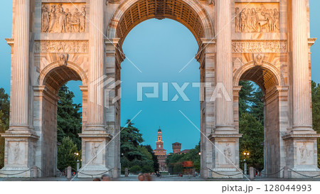 Arch of Peace in Simplon Square day to night timelapse. It is a neoclassical triumph arch 128044993