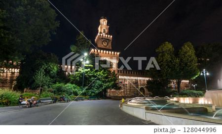 Main entrance to the Sforza Castle and tower - Castello Sforzesco night timelapse hyperlapse, Milan, Italy Main entrance to the Sforza Castle and tower - Castello Sforzesco night timelapse hyperlapse, Milan, Italy 128044996