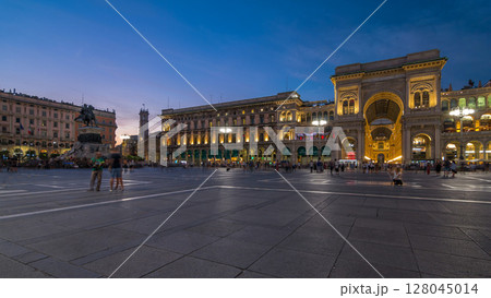 Monument to Vittorio Emanuele II and Galleria Vittorio Emanuele II day to night timelapse on the Piazza del Duomo 128045014