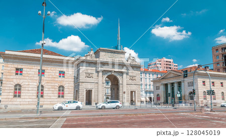 Old Porta Garibaldi monument arch timelapse hyperlapse and modern buildings of Porta Garibaldi, in Milan. 128045019