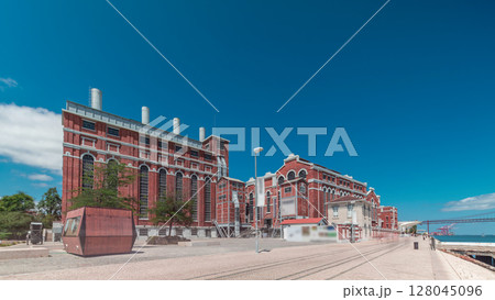 Hyperlapse of EDP Electricity Museum and MAAT by the Tagus River. Lisbon, Portugal 128045096