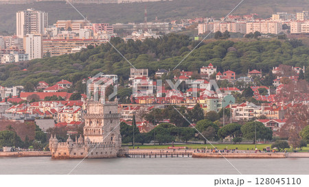 Aerial view of Belem Tower timelapse, one the most famous landmark in the city of Lisbon, Portugal. 128045110