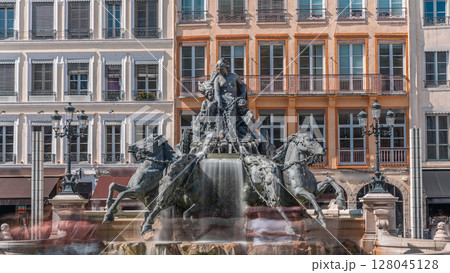 Hyperlapse of the Bartholdi Fountain, a symbol of Lyon, located on Place des Terreaux near City Hall. France 128045128