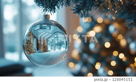 hanging glass christmas tree ball in cozy livingroom hanging glass christmas tree ball in cozy livingroom 128045151