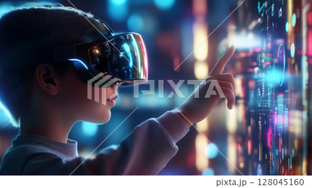 child with vr glasses touch a robot technology concept 128045160