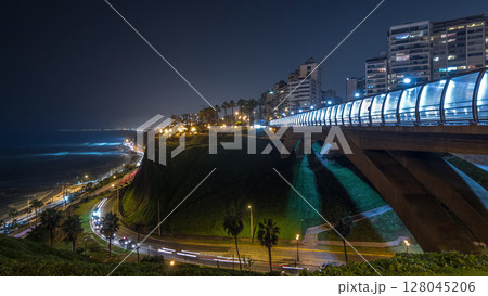 Villena Bridge with traffic and partial City view in the Background night timelapse hyperlapse, Lima, Peru. 128045206