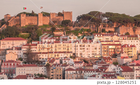 Castle Castelo de Sao Jorge Belevedere aerial timelapse from Miradoura de Sao Pedro de Alcantara viewpoint. Portugal 128045251