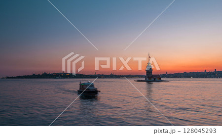 Maidens tower after sunset day to night timelapse in istanbul, turkey, kiz kulesi tower Maidens tower after sunset day to night timelapse in istanbul, turkey, kiz kulesi tower 128045293