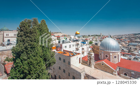 Skyline of the Old City in Jerusalem with historic buildings aerial timelapse hyperlapse, Israel. 128045330