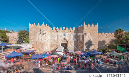 Damascus Gate or Shechem Gate timelapse hyperlapse, one of the gates to the Old City of Jerusalem, Israel 128045341