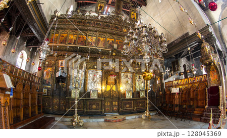 Church of the Nativity interior with hall colonnade in Bethlehem timelapse hyperlapse. Church of the Nativity interior with hall colonnade in Bethlehem timelapse hyperlapse. 128045369