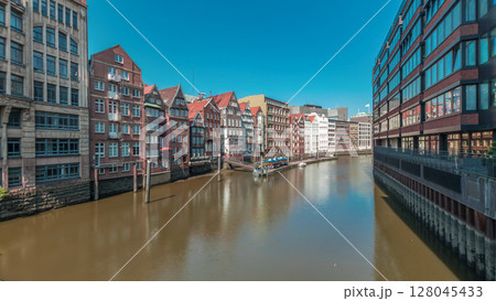 Panorama showing Kleines Dock along the northern Elbe Canal aerial timelapse in Hamburg, Germany. 128045433