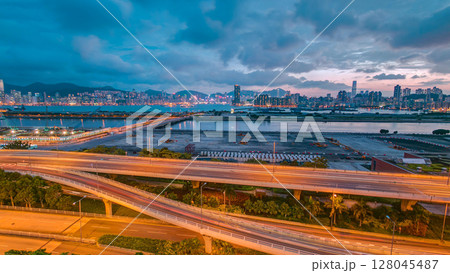 Hong Kong day to night, aerial view from kowloon bay downtown timelapse Hong Kong day to night, aerial view from kowloon bay downtown timelapse 128045487